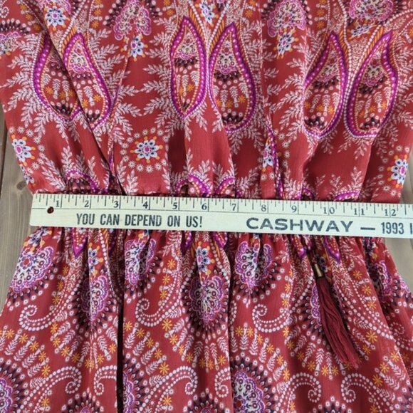 Rust Orange Red Floral Paisley Boho Tassel Short Dress - Picture 10 of 13